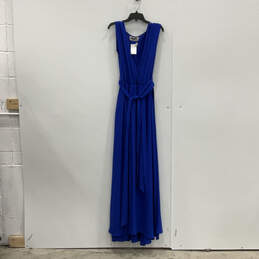 NWT Womens Blue Sleeveless Pleated Tie Waist V-Neck Maxi Dress Size 2XL