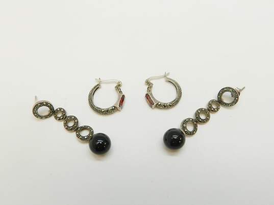 Romantic 925 Red Glass & Marcasite Granulated Hoop & Faux Onyx Orb Circles Drop Post Earrings Variety 13.1g image number 1