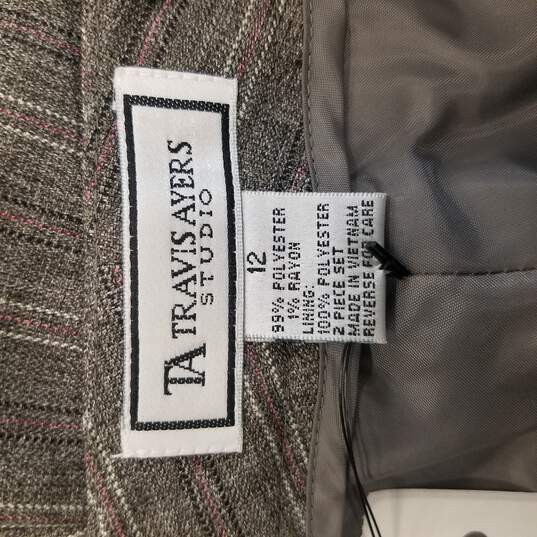 Travis Ayers Studio Women Grey Brown Multistripe 2 Piece Pants Suit Blazer Dress Pants L 12 NWT image number 8