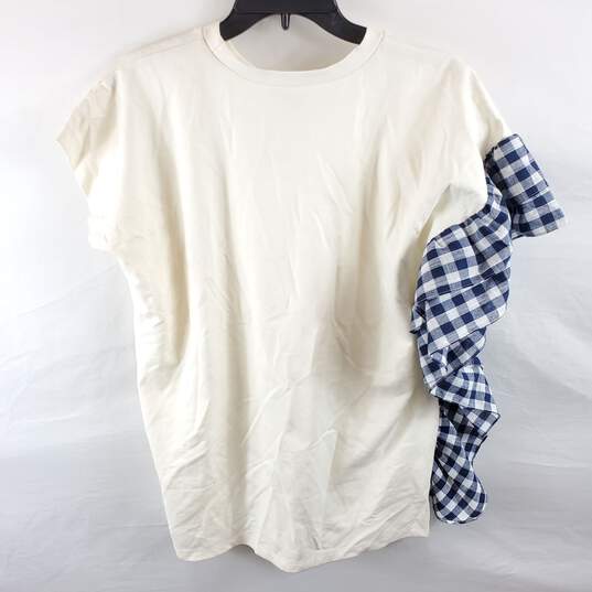 CQ By CQ Women Ivory Ruffle Plaid Short Sleeve Top S NWT image number 2
