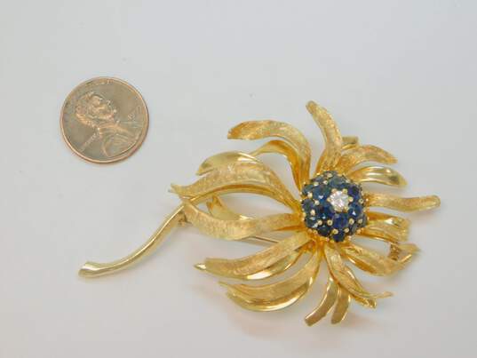 Vintage 14K Yellow Gold 0.25 CT Diamond & Sapphire Flower Brooch 24.0g image number 9