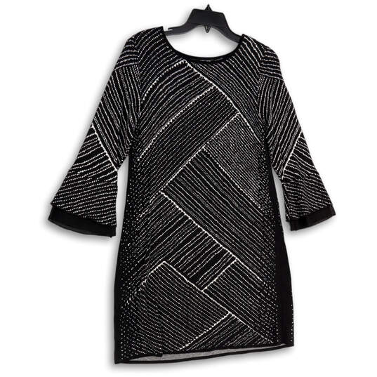 Womens Black White Herringbone Bell Sleeve Round Neck Shift Dress Size PM image number 1