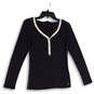 Womens Blue Gold Striped Tight-Knit Long Sleeve Henley Sweater Size M image number 1