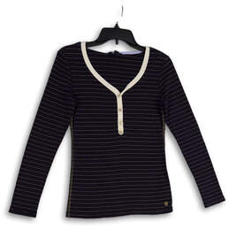 Womens Blue Gold Striped Tight-Knit Long Sleeve Henley Sweater Size M