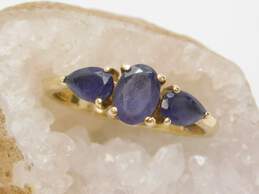 10K Gold Iolite Faceted Oval & Teardrops Triple Stone Band Ring 2.3g alternative image