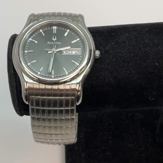 Designer Bulova Silver-Tone Stainless Steel Black Dial Analog Wristwatch image number 1