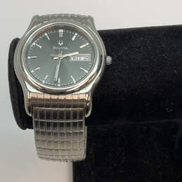 Designer Bulova Silver-Tone Stainless Steel Black Dial Analog Wristwatch