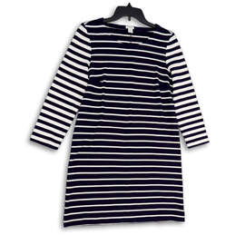 Womens Blue White Striped Long Sleeve Round Neck Shift Dress Size Small