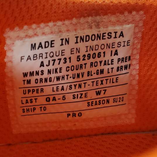 Nike Court Royale Premium Orange White Sneakers Women's Size 7 image number 6