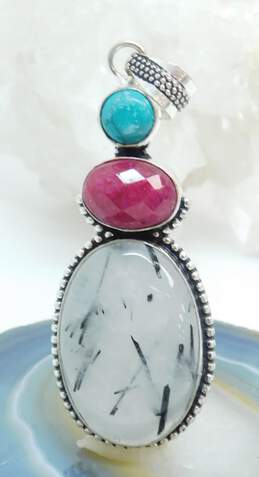 Artisan 925 Dyed Red & Rutilated Quartz & Faux Turquoise Granulated Pendant 15.8g