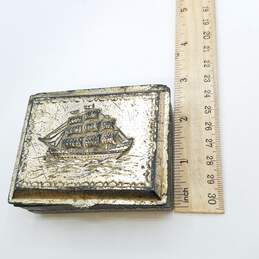 Sterling Silver Encased Wooden Vintage Sail Ship Motif Trinket Box 169g alternative image