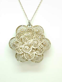 Vintage 925 Sterling Silver Floral Filigree Pendant Necklace On 835 Silver Chain 10.7g