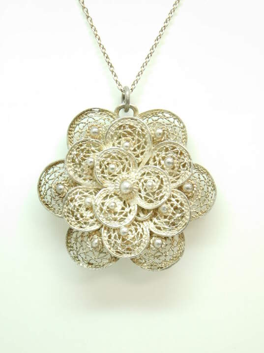 Vintage 925 Sterling Silver Floral Filigree Pendant Necklace On 835 Silver Chain 10.7g image number 1
