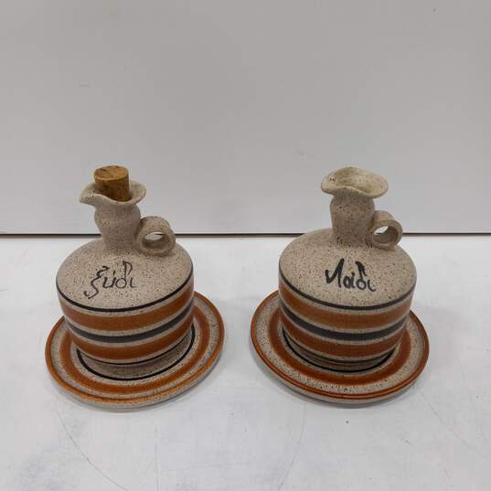 Set of 4 Signed Pottery Black/Brown Jugs & Underplates image number 1
