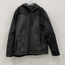 Mens Black Long Sleeve Pockets Hooded Full-Zip Jacket Coat Size XL