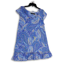 Womens Blue White Paisley Ruffle Hem Short Sleeve A-Line Dress Size M