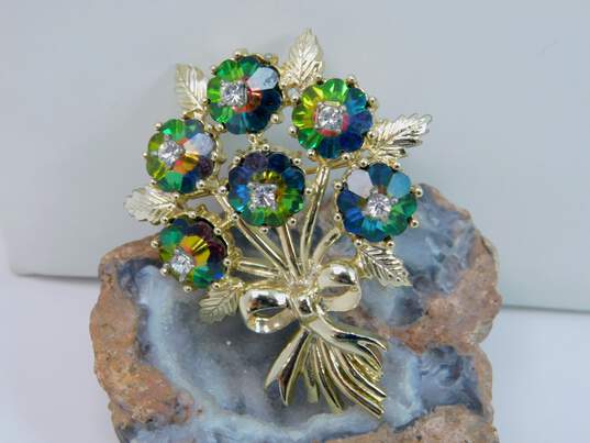 Vintage Emmons Gold Tone Watermelon Vitrial Glass Floral Bouquet Brooch 19.7g image number 3