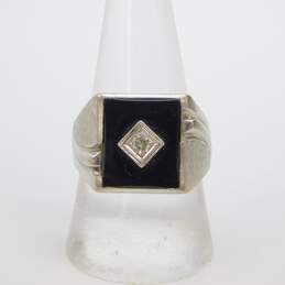 VNTG 10K White Gold Art Deco 0.11CT Diamond Onyx Inlay Ring 7.0g