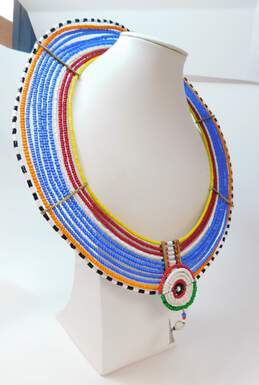 Artisan African Maasai Blue White Orange Yellow & Black Bead Large Collar Necklace alternative image