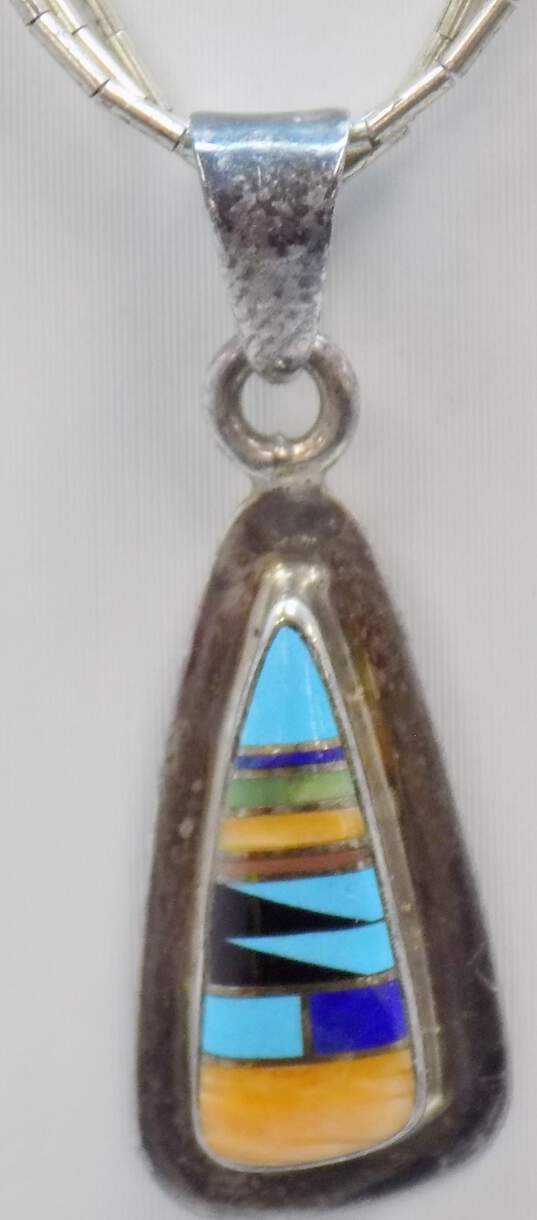Signed VC Zuni 925 Southwestern Turquoise Lapis Lazuli Spiny Oyster & Onyx Inlay Triangle Pendant Multi Strand Liquid Silver Chain Necklace 4.9g image number 4