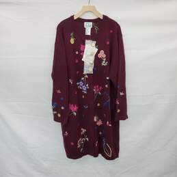 Quacker Factory Burgundy Floral Embroidered Cotton Blend Knit Duster WM Size 1X NWT