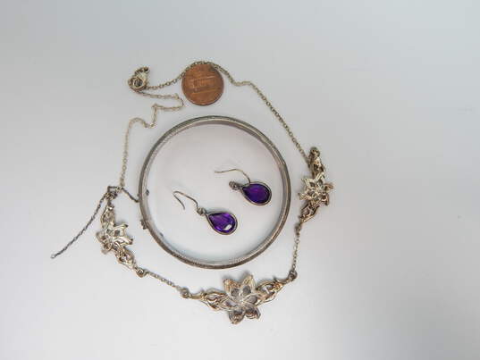 Romantic 925 Crystal Flower Overlay Pendants Unique Necklace Amethyst Teardrop Drop Earrings & Etched Filigree Bangle Bracelet 37.4g image number 2