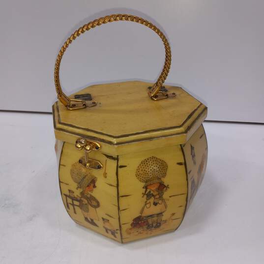 Vintage Decoupage Yellow With Pattern Wooden Purse image number 1