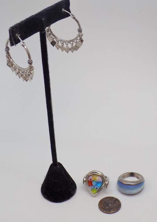 Clio Blue & Artisan 925 Modernist Cats Eye Band & Floral Art Glass Teardrop Chunky Rings & Tassels Hoop Earrings 27.7g image number 5