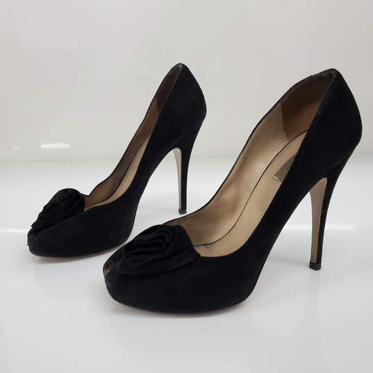 Valentino Garavani Women's Black Suede Peep Toe Rosette Embellished Pumps Size 9 AUTHENTICATED image number 3