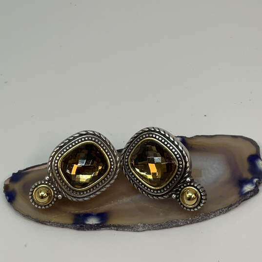 Designer Brighton Two-Tone Crystal Cut Stone Swirl Engraved Stud Earrings image number 2
