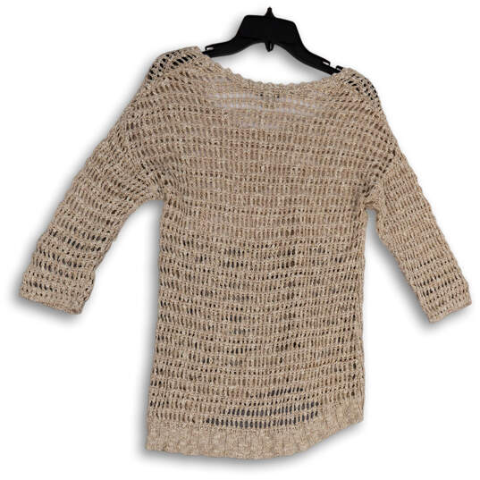 Womens Beige Open-Knit Round Neck Long Sleeve Pullover Sweater Size XL image number 2