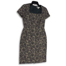 Womens Gray Lace Floral Print Short Sleeve Square Neck Sheath Dress Size 2