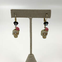 Designer Betsey Johnson Gold-Tone Rhinestone Skull Clip-On Drop Earrings