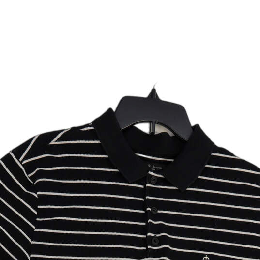 Mens Black White Striped Spread Collar Short Sleeve Polo Shirt Size Large image number 3