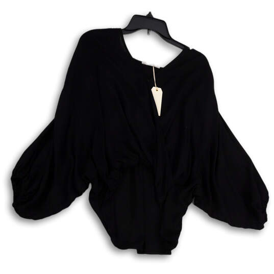NWT Womens Black Balloon Sleeve V-Neck Hi-Low Hem Pullover Blouse Top Sz S image number 1