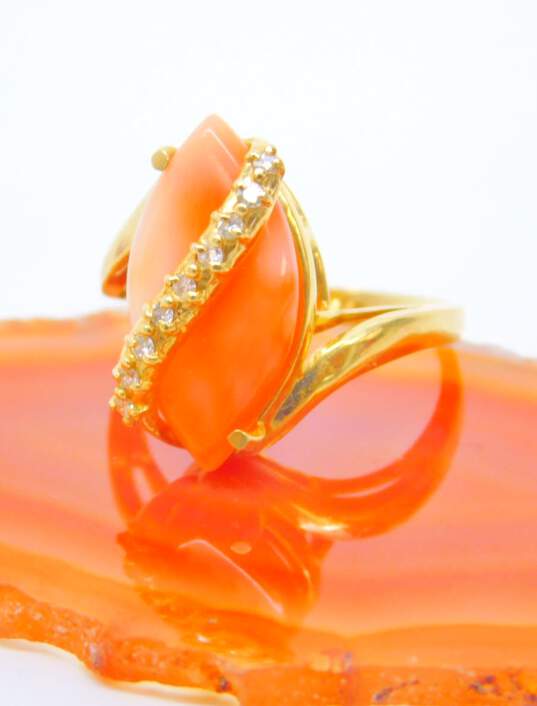 Romantic 14k Yellow Gold Marquise Cut Coral & Diamond Accent Ring 4.4g image number 2