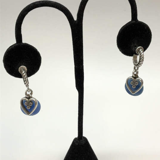 Designer Brighton Silver-Tone Engraved Blue Beaded Heart Dangle Earrings image number 3