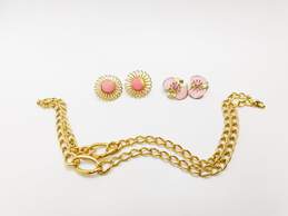 Vintage Emmons Napier & Fashion Pink & Gold Tone Clip-On Earrings & Chain Necklace 87.3g