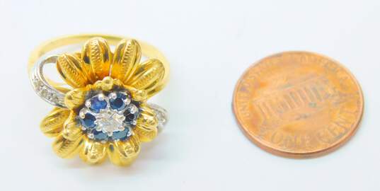 14K Yellow Gold 0.14 CTTW Diamond & Sapphire Flower Ring 7.0g image number 6