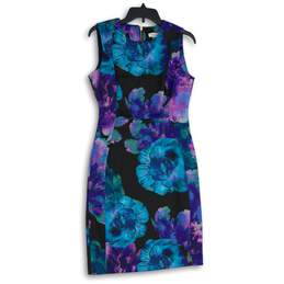 Womens Blue Purple Floral Sleeveless Crew Neck Back Zip Sheath Dress Size 8