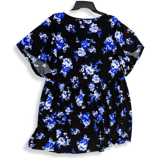 Womens Black Blue Floral Pleated V-Neck Pullover Blouse Top Size 3 image number 2