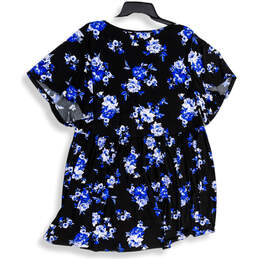Womens Black Blue Floral Pleated V-Neck Pullover Blouse Top Size 3 alternative image