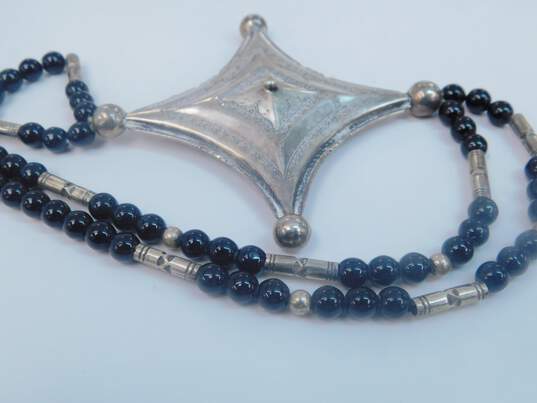 Artisan 925 Taureg Etched Tiered & Domes Cross & Loop Pendant Onyx Ball & Bar Beaded Necklace 46.2g image number 3
