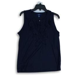 Chaps Womens Navy Blue Ruffle Keyhole Neck Sleeveless Pullover Blouse Top Sz XL