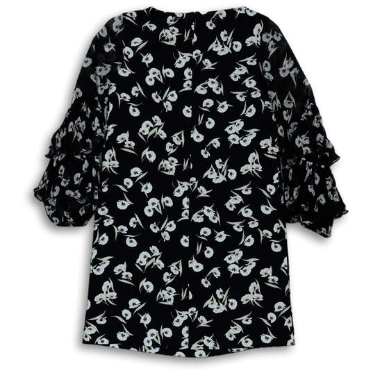 Womens Black Floral Long Sleeve Boat Neck Ruffle Shift Dress Size 0 Petite image number 2