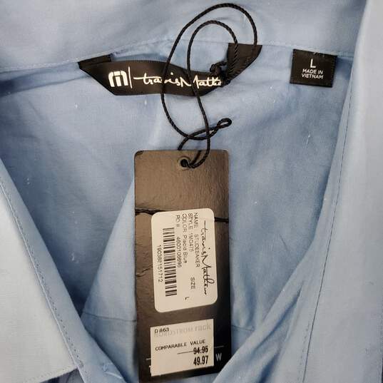 NWT Travis Matthew MN's 100% Cotton Blend Placid Blue Short Sleeve Studebaker Shirt Size L image number 3