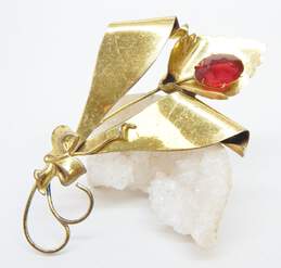 Vintage Jordan Sterling 925 Vermeil Faceted Red Glass Accent Abstract Flower & Bow Statement Brooch 15.5g
