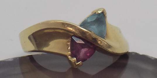 14K Yellow Gold Trillion Cut Tourmaline & Blue Topaz Toi Et Moi Bypass Ring 6.4g image number 5