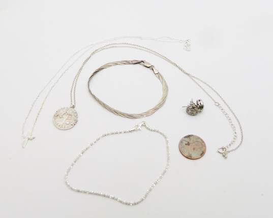 925 Sterling Silver CZ Stud Earrings Cross & Tree Pendant Necklaces & Popcorn & Braided Herringbone Chain Bracelets 14.6g image number 7