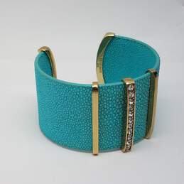 Heidi Deus Gold Tone Faux Leather Crystal 6 Inch Cuff Bracelet 52.0g w/Box